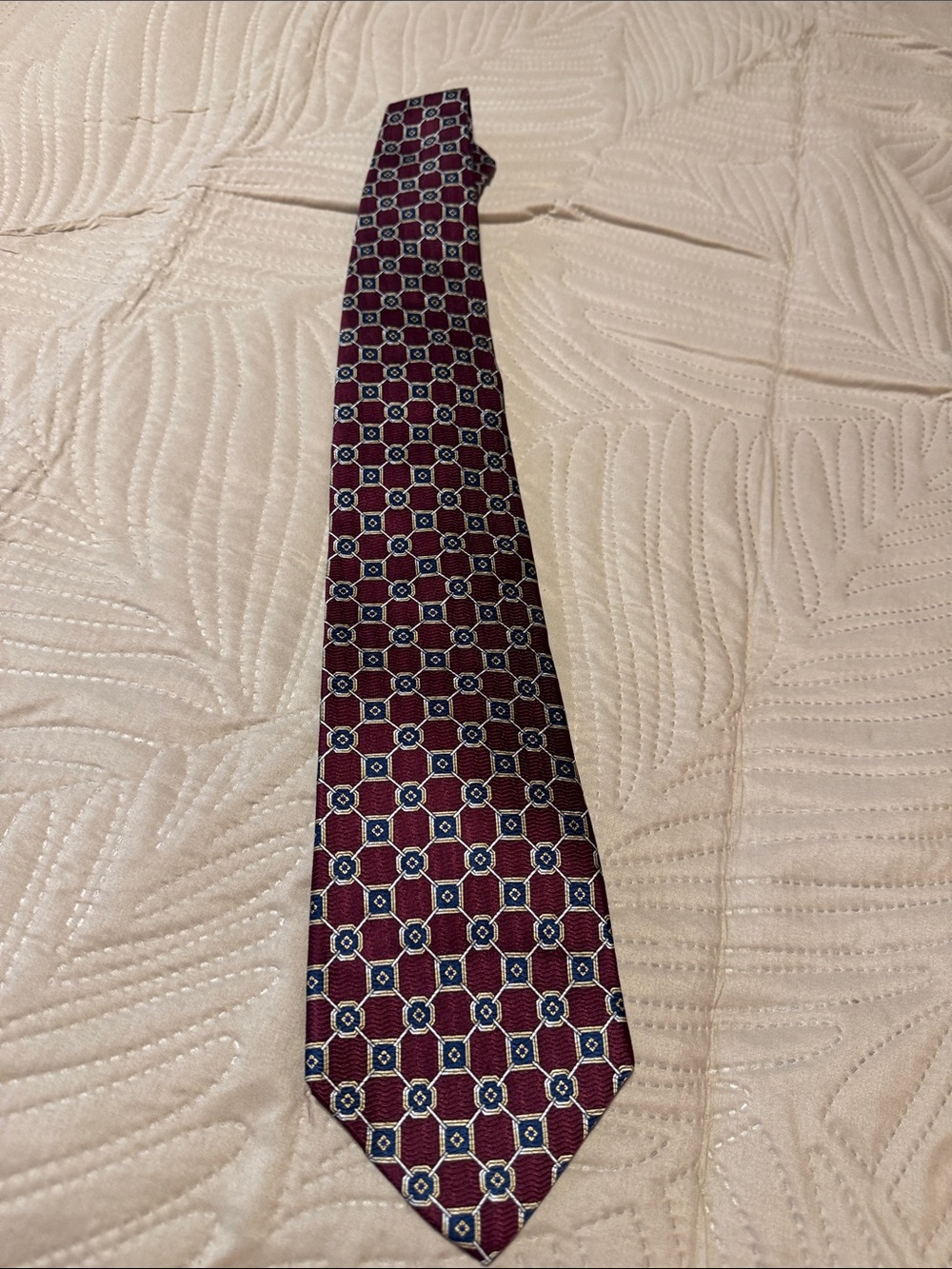Geoffrey Beene Maroon Geometric Silk Tie with Navy and Cream Motif 4” Wide